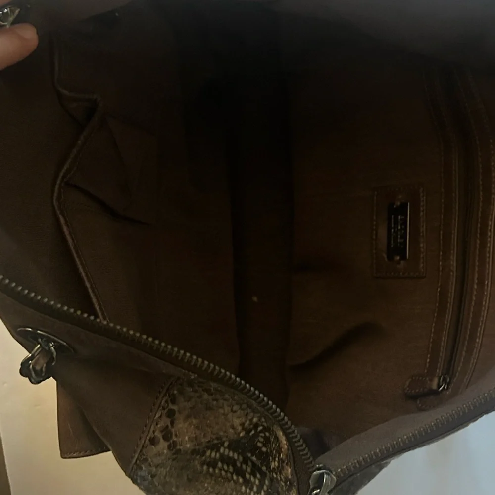 Badgley Mischka Brown Leather & Snakeskin Tote – Designer Shoulder Bag